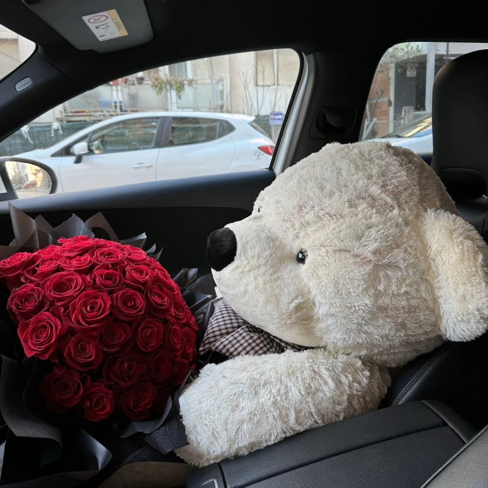 White M3 BMW Bear From Roses For 2024 Valentine